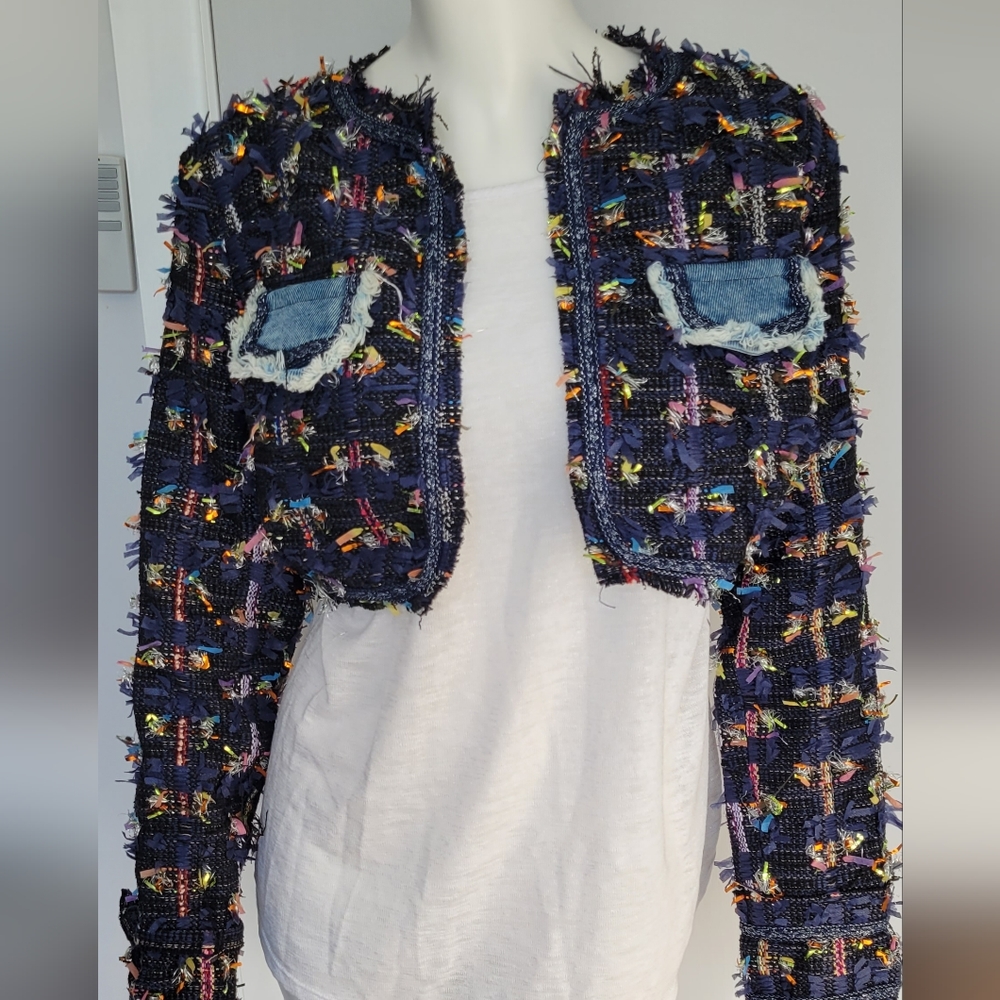 Gawqo Womans Sz. L Fringe Detail Cropped Jacket Lined Street Wear High Fashion